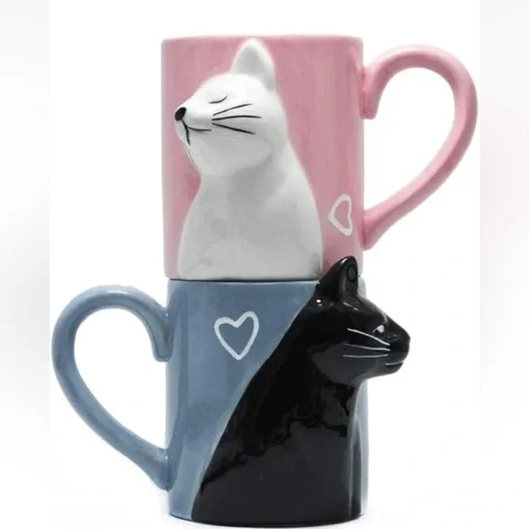 Kiss Cat Coffee Couple Mug Set, Unique Funny Tea Ceramic Cup Set